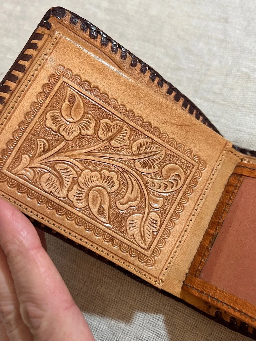 Hand-Tooled Leather Bifold Wallet - Tan with Dark Brown Trim